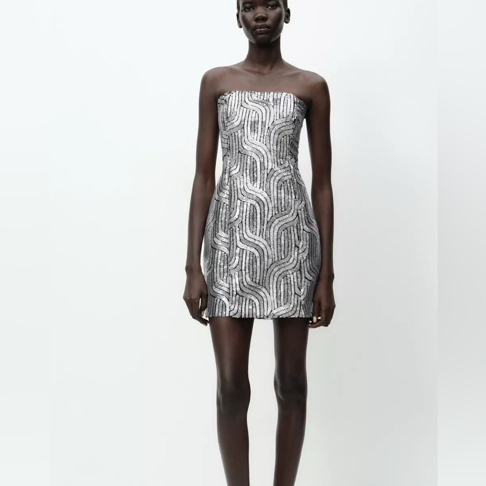 Zara Silver and Black Strapless Mini Dress